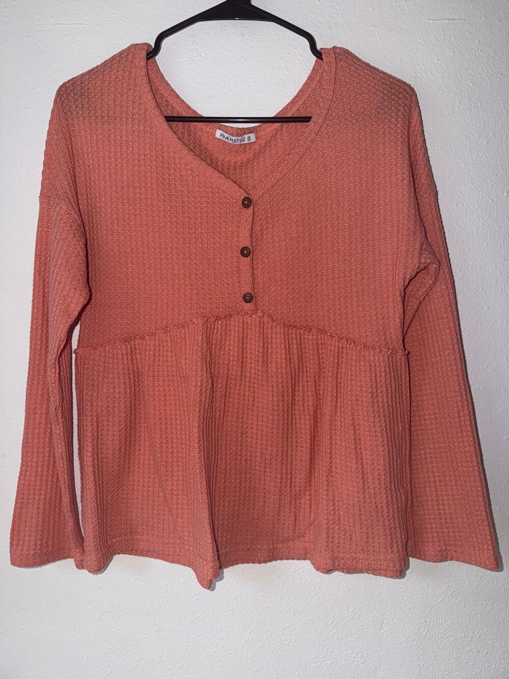 Peach Colored Mud Pie Waffle Knit Peplum Babydoll Top Cozy Boho Chic Style Small